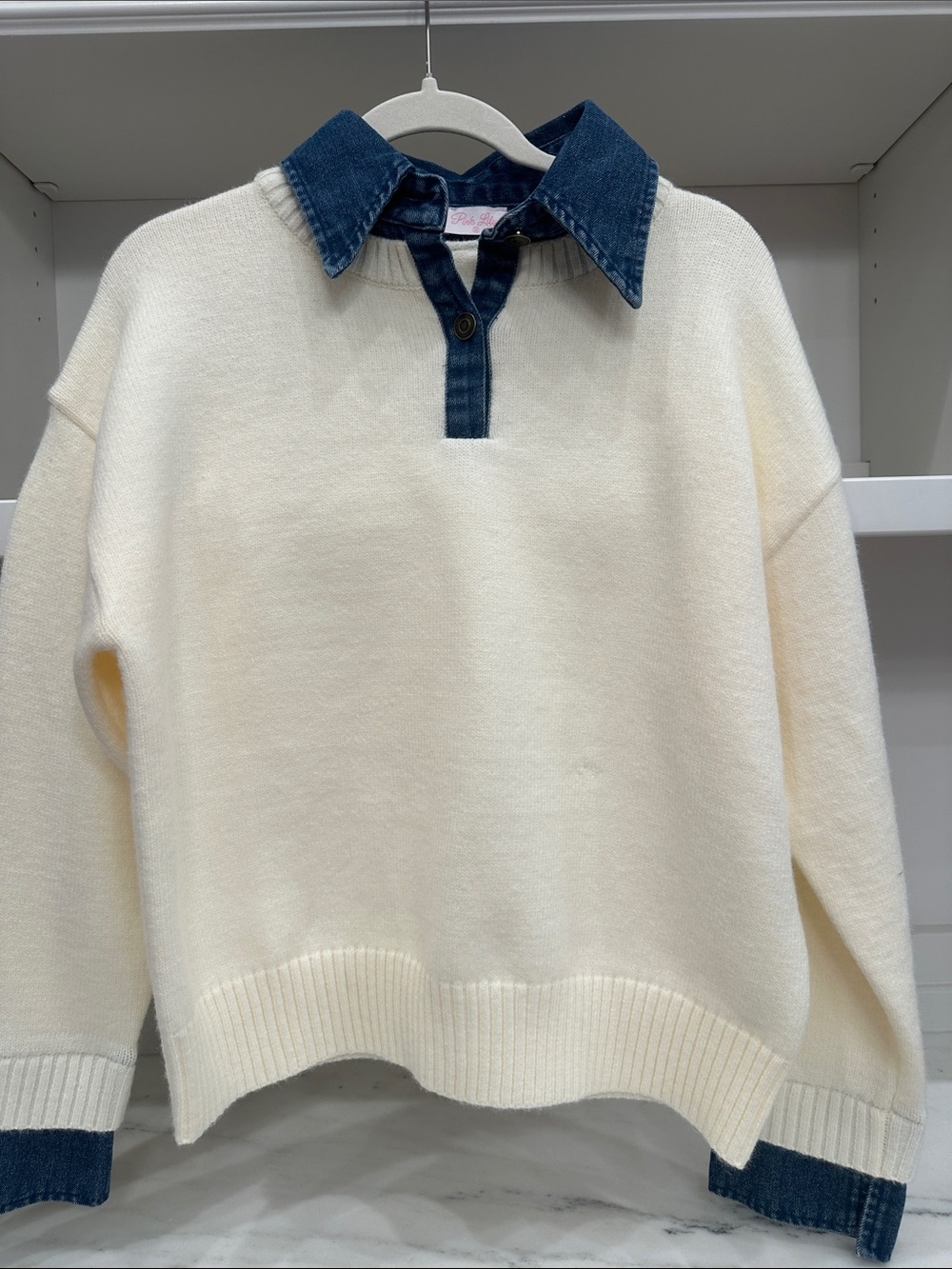 Pink Lily medium Cream Knit Sweater with Denim Collar.  Like new